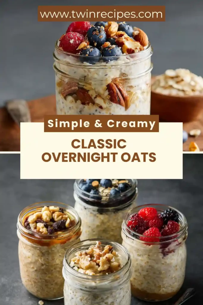 Creamy overnight oats topped with fresh berries in a glass jar.