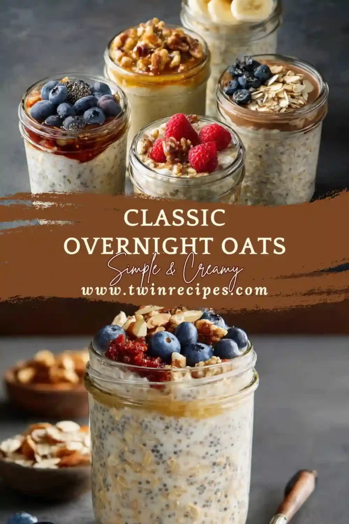 Healthy overnight oats meal prep jars on a kitchen counter.