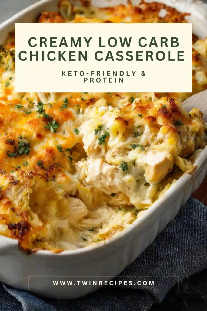 Creamy low carb chicken casserole baked with cheese and vegetables.