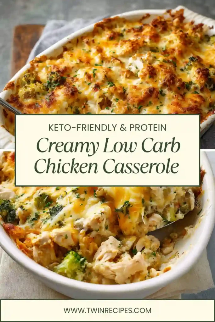 Keto chicken casserole with broccoli, zucchini, and melted cheese.