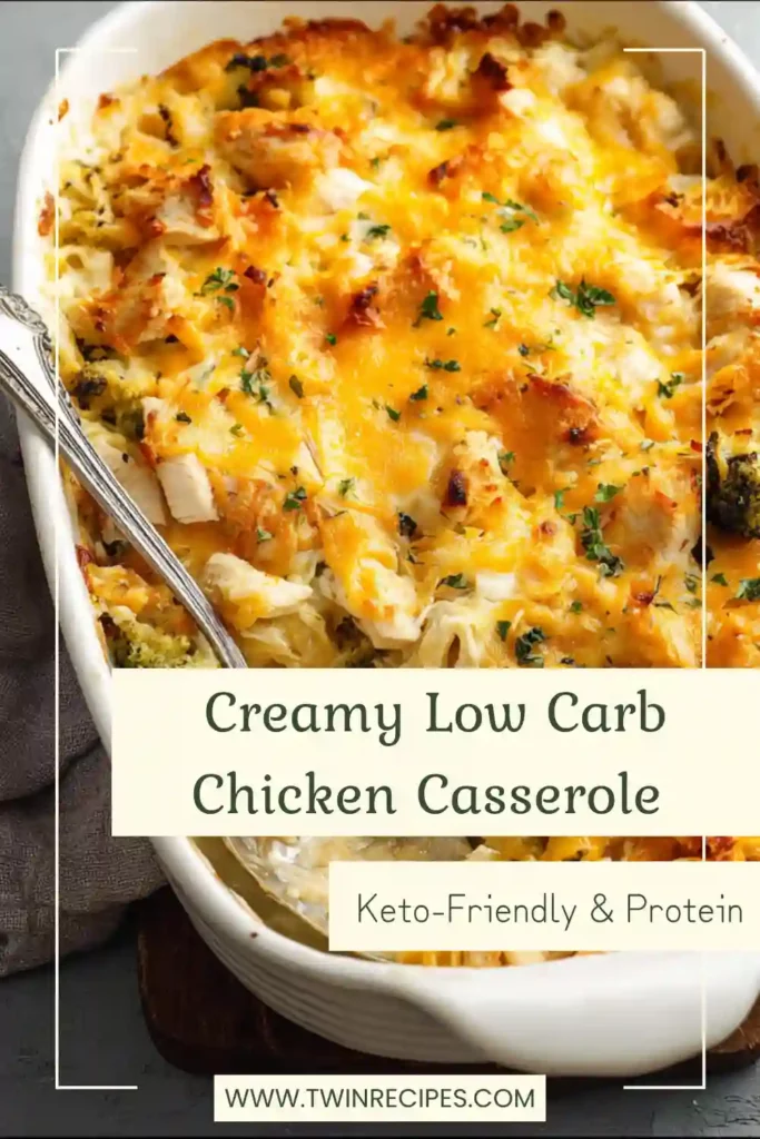 Cheesy baked chicken casserole in a white dish topped with parsley.