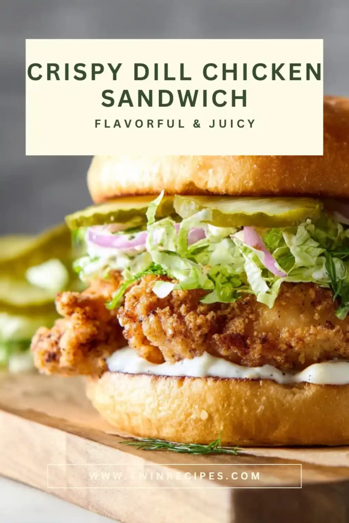Homemade crispy chicken sandwich topped with creamy dill sauce.