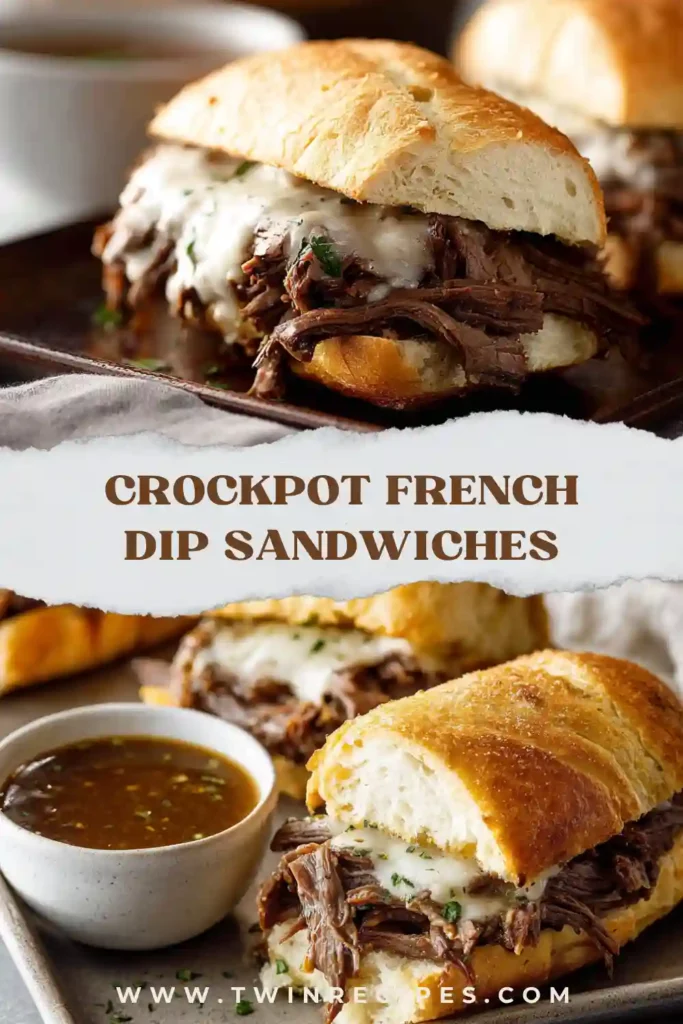 Close-up of shredded chuck roast French dip sandwich on toasted hoagie roll.