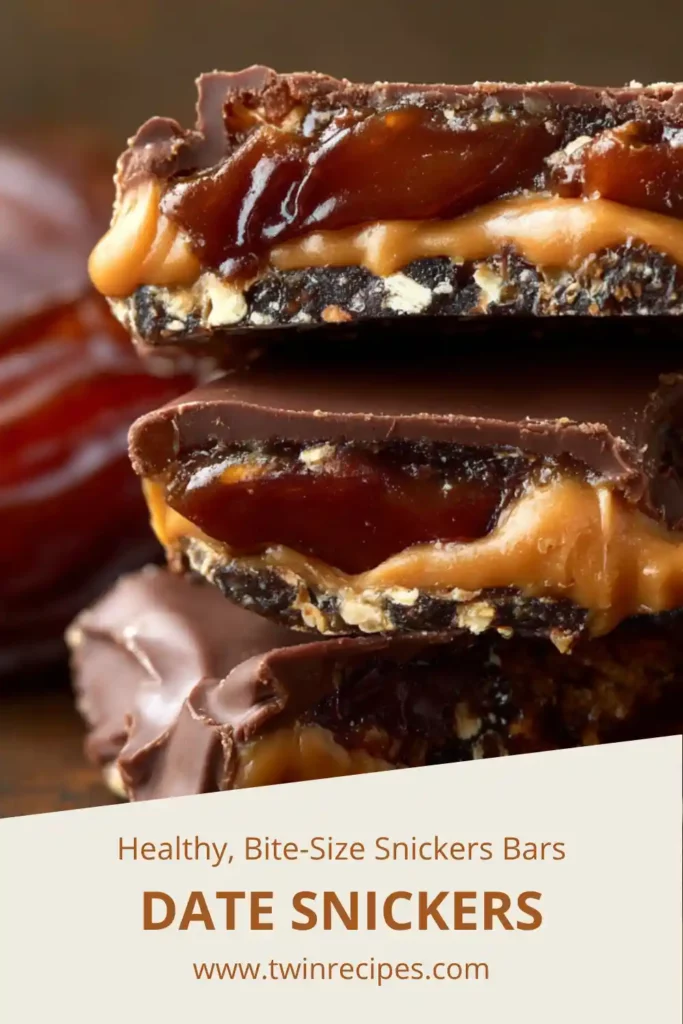 Date Snickers made with Medjool dates, peanut butter, peanuts, and dark chocolate — a healthy, gluten-free dessert.