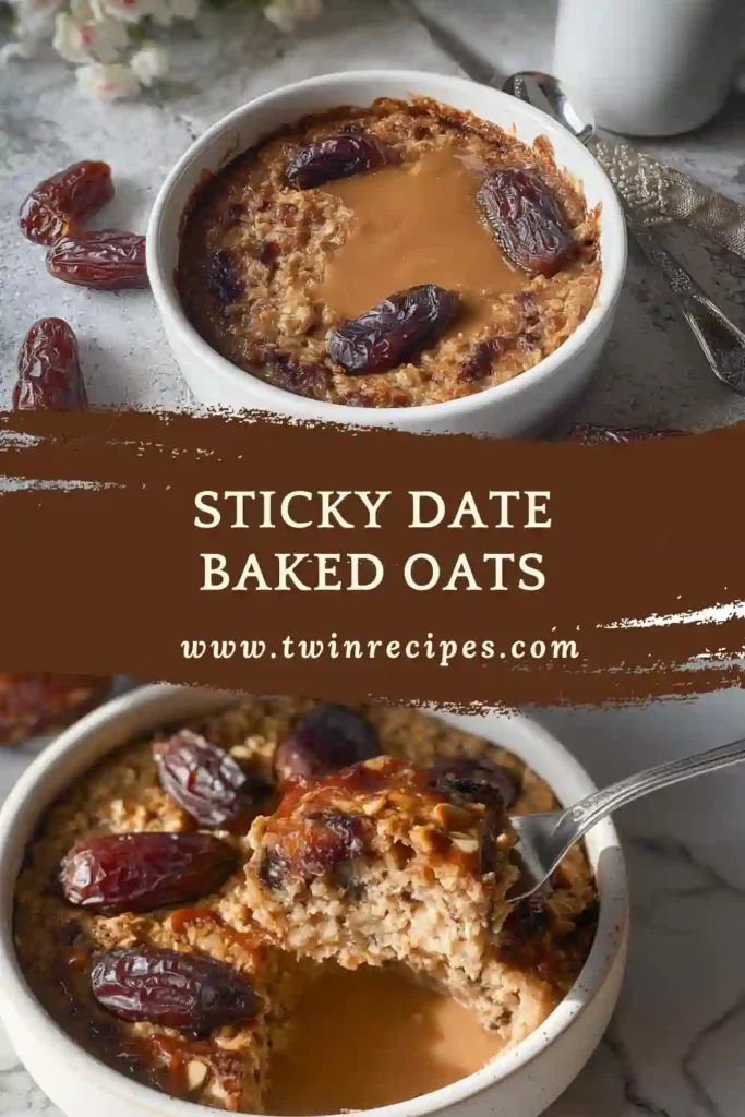 Sticky date baked oats in a ramekin with a drizzle of caramel sauce.