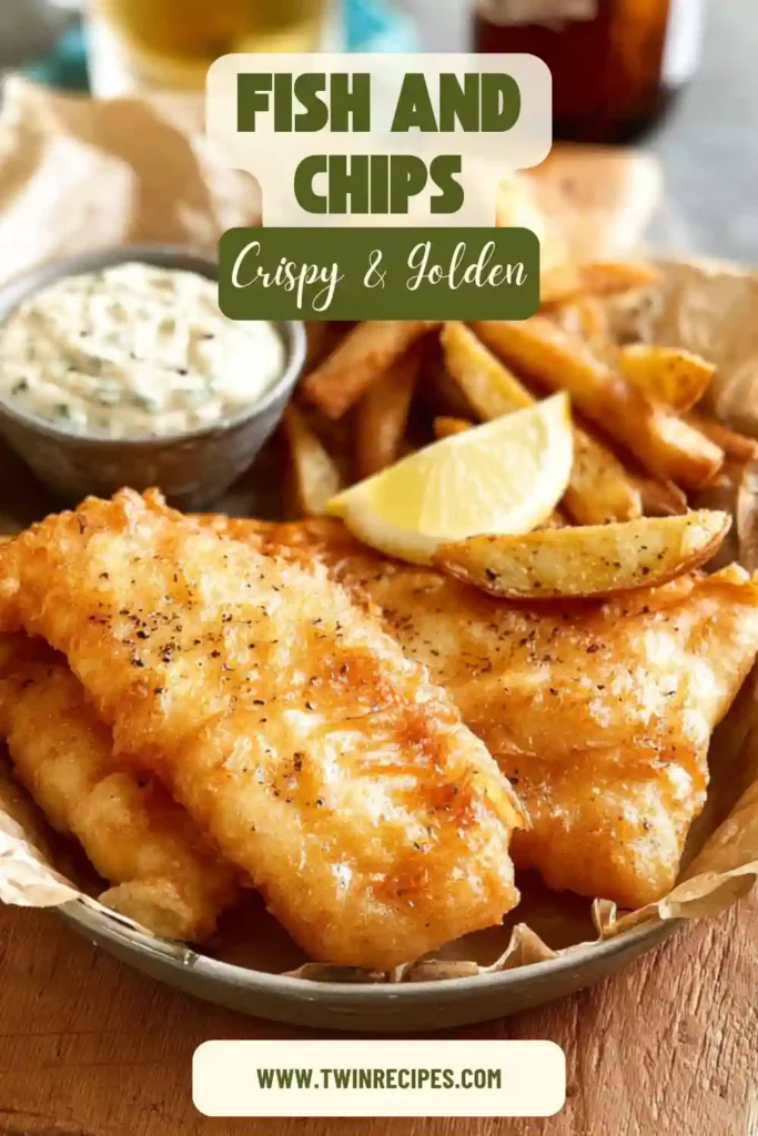Homemade fish and chips with golden fries and tartar sauce.