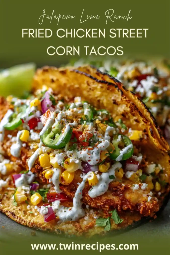 Fried chicken street corn tacos drizzled with jalapeño lime ranch and topped with cilantro.