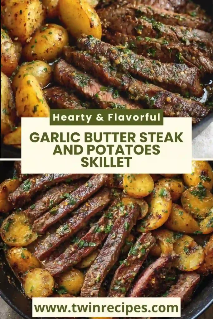Garlic butter steak and potatoes skillet with parsley garnish.