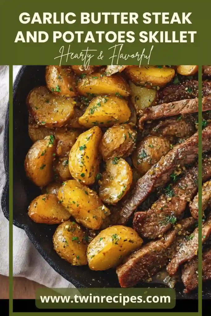 Juicy steak bites and crispy potatoes in a cast-iron skillet.
