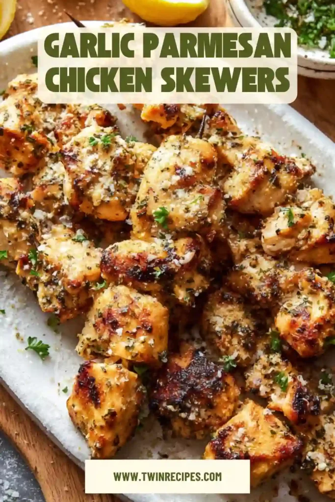 Baked garlic Parmesan chicken served on skewers with fresh parsley.