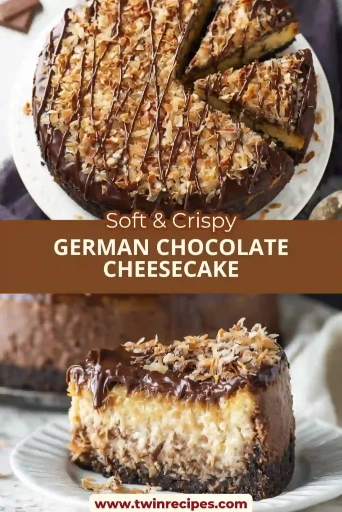 Slice of German Chocolate Cheesecake on a dessert plate.