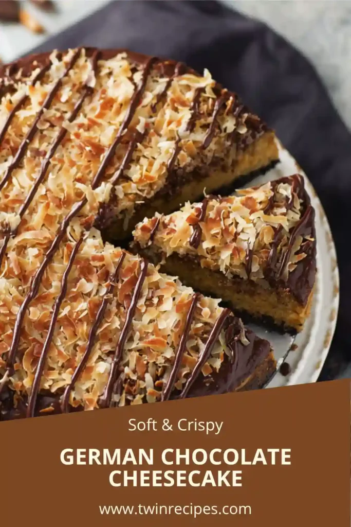 Rich chocolate cheesecake topped with pecans and coconut.