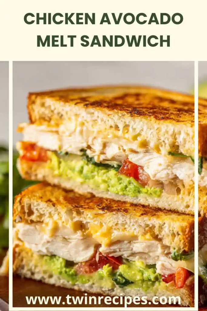 Chicken avocado melt sandwich with melted cheese, toasted bread, and sliced avocado on a plate.