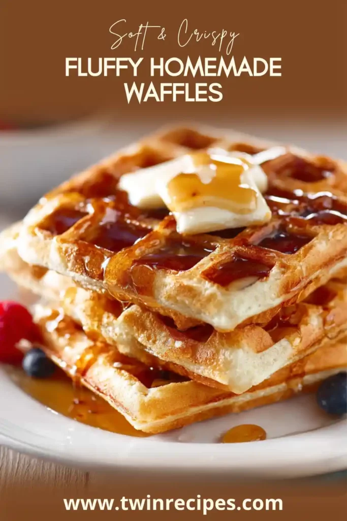 Crispy soft waffles stacked on a white plate.