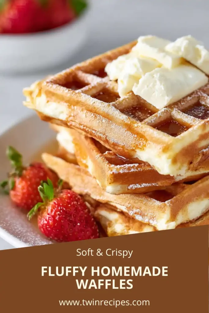 Fluffy homemade waffles topped with fresh strawberries and syrup.