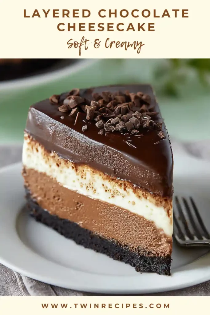 Layered chocolate cheesecake with white and dark chocolate layers on Oreo crust.