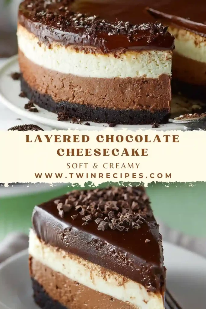 Slice of creamy layered chocolate cheesecake topped with chocolate shavings.