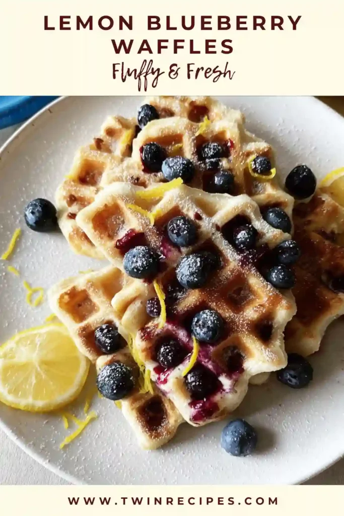 Stack of lemon blueberry waffles topped with blueberries and maple syrup.