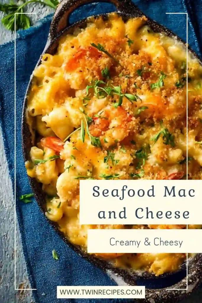 Creamy seafood mac and cheese with shrimp, crab, and lobster.