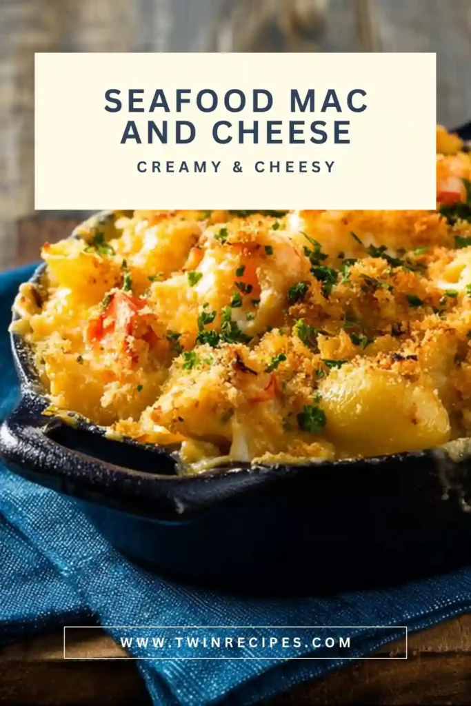 Spoonful of creamy seafood pasta showing gooey cheese pull.