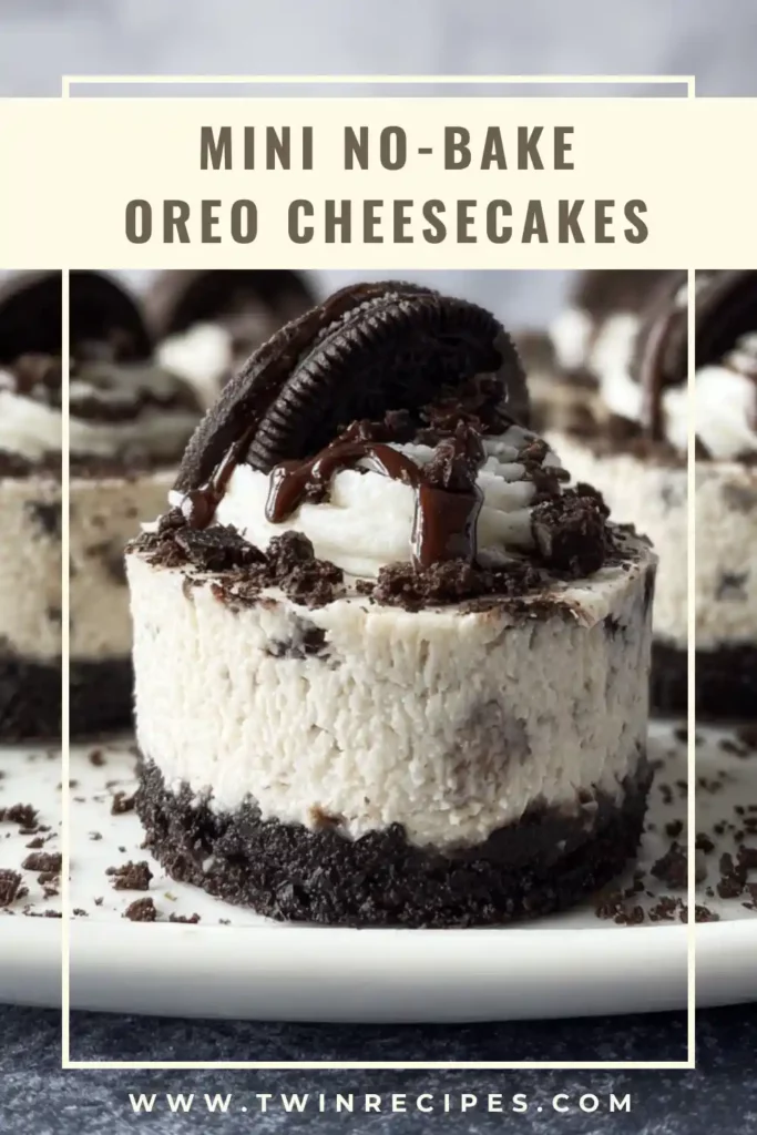 Mini no-bake Oreo cheesecakes topped with whipped cream and mini Oreos on a white plate.