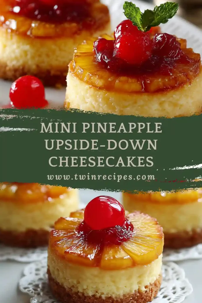 Mini upside-down cheesecakes with tropical pineapple topping, perfect for parties and island desserts.