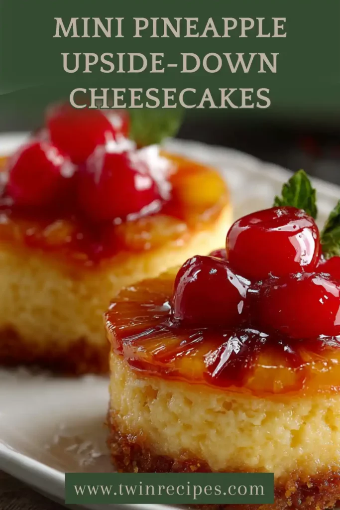 Mini pineapple upside-down cheesecakes with caramelized pineapple topping and golden crust served on a white plate.