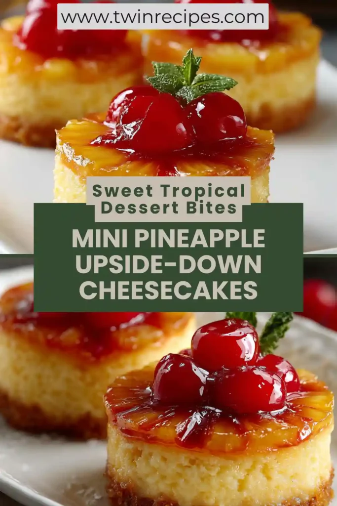 Close-up of mini pineapple cheesecakes showing creamy layers and glistening pineapple glaze.