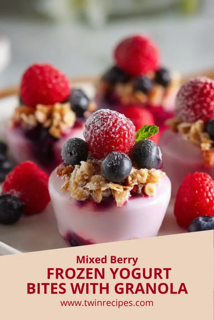 Frozen yogurt bites with granola, blueberries, and raspberries — the perfect fruity, bite-size frozen snack.