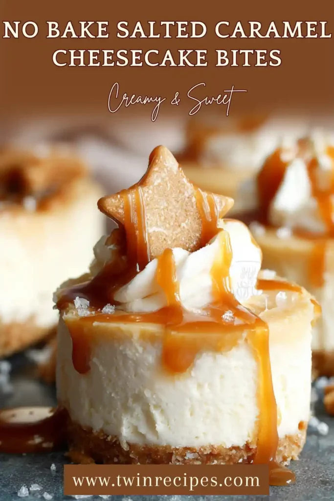 Bite-sized salted caramel cheesecakes on a serving platter.