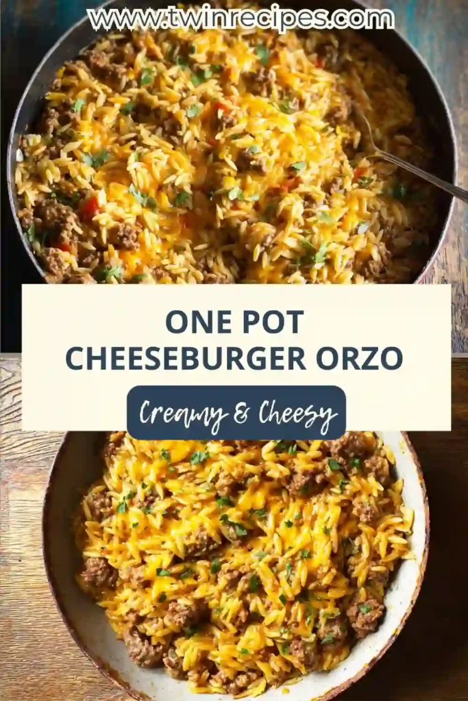Creamy orzo pasta mixed with ground beef and cheese in a skillet.