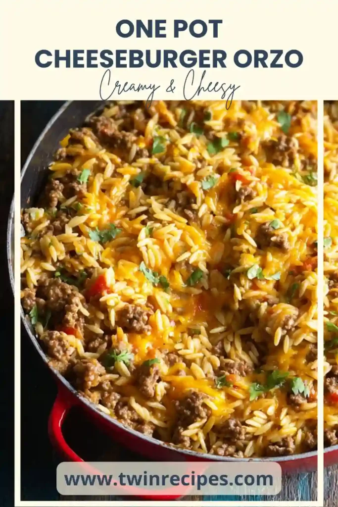 Close-up of cheesy beef orzo with a golden crust on top.