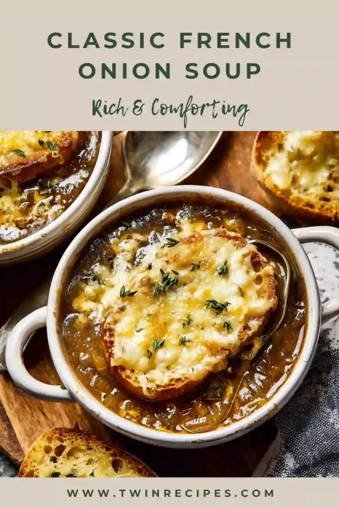 French onion soup made without wine, served in a rustic bowl with herbs and toasted bread.