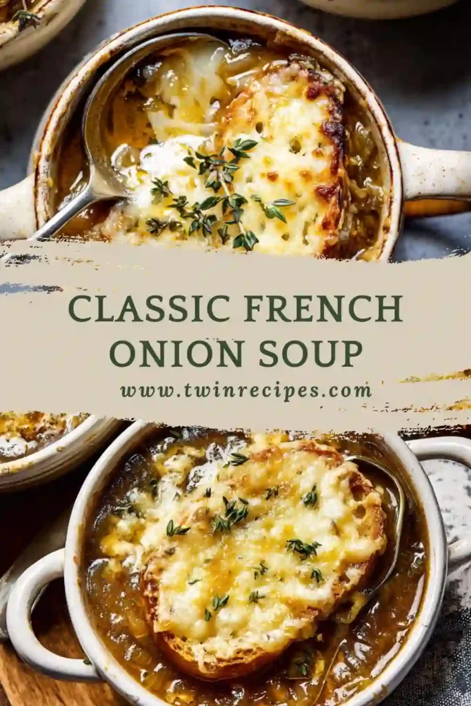 Bowl of homemade French onion soup with caramelized onions and golden cheese topping.