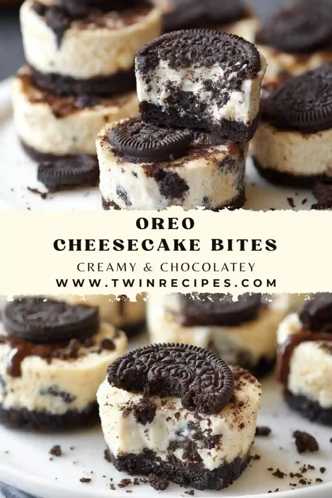 Oreo cheesecake bites on a plate with chocolate drizzle.
