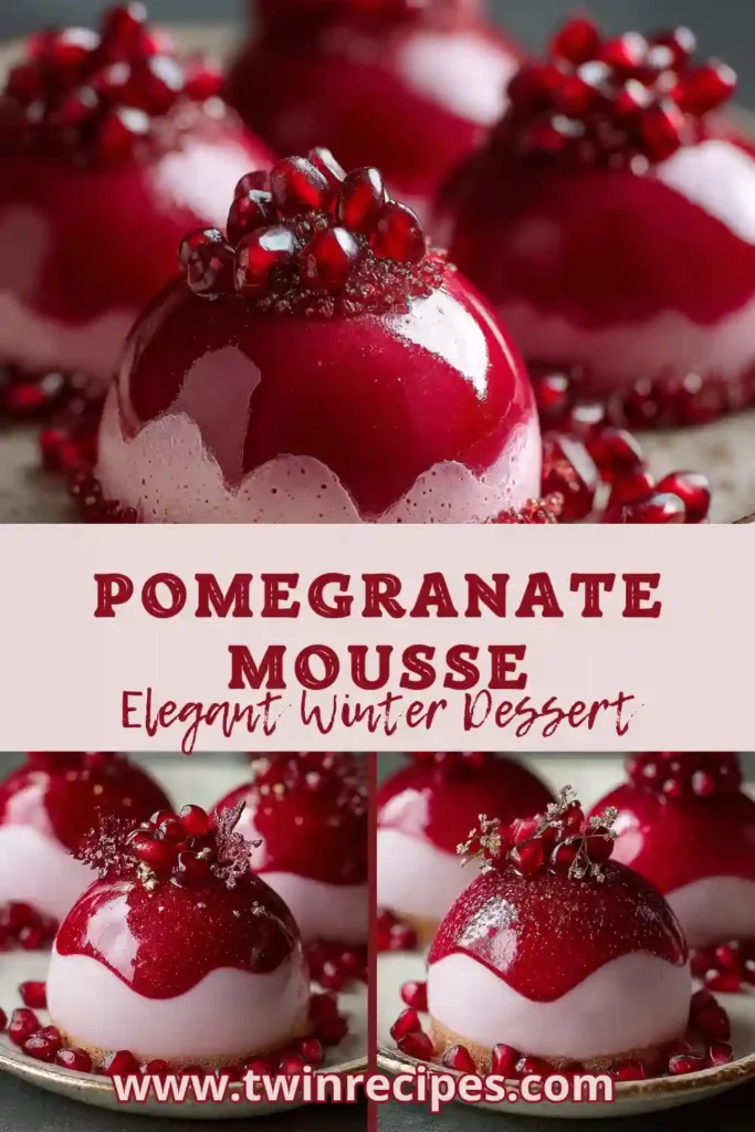 Glossy pomegranate mousse domes with mirror glaze and gold leaf garnish.