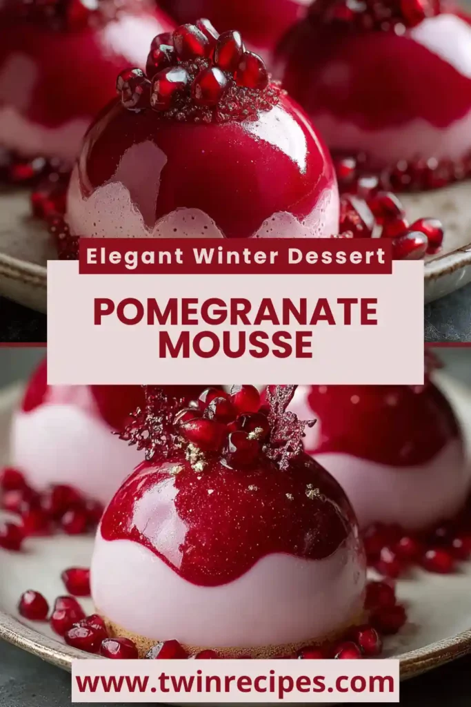 Pomegranate mousse domes topped with glaze and pomegranate seeds.