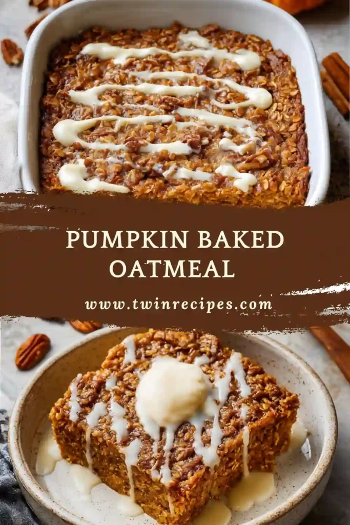 Pumpkin baked oatmeal topped with pecans and drizzled with maple syrup.