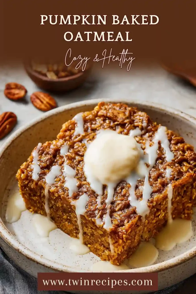 Slice of baked oatmeal with pumpkin puree and warm fall spices.