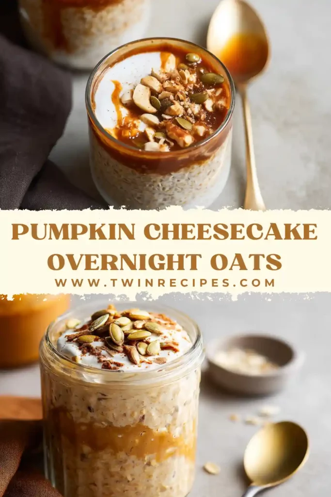 Creamy pumpkin overnight oats in glass jars with fall spices.