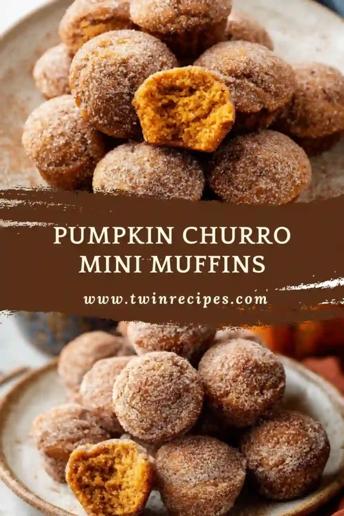 Pumpkin churro mini muffins coated in cinnamon sugar on a tray.