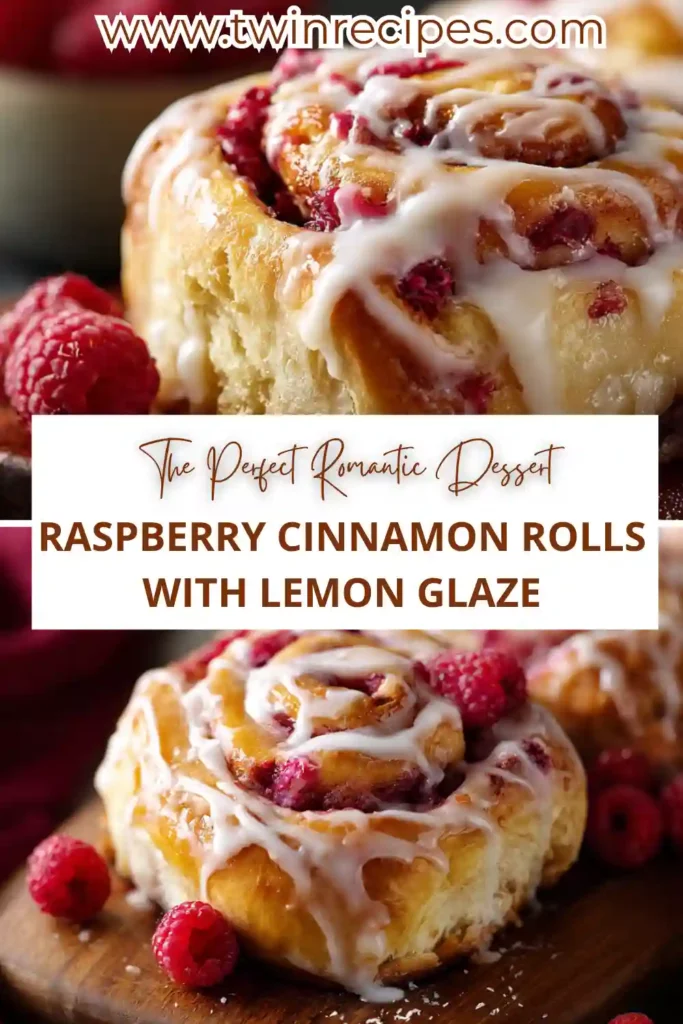 Raspberry Cinnamon Rolls drizzled with lemon glaze — a soft, romantic dessert perfect for Valentine’s Day.