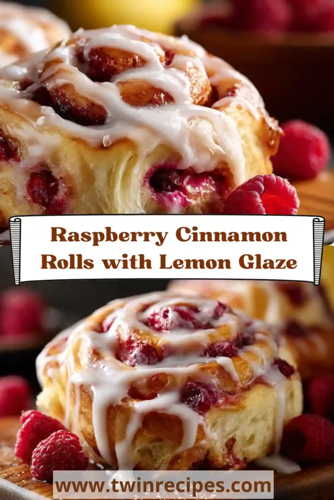 Freshly baked raspberry rolls topped with zesty lemon glaze and lemon zest — an elegant homemade treat.