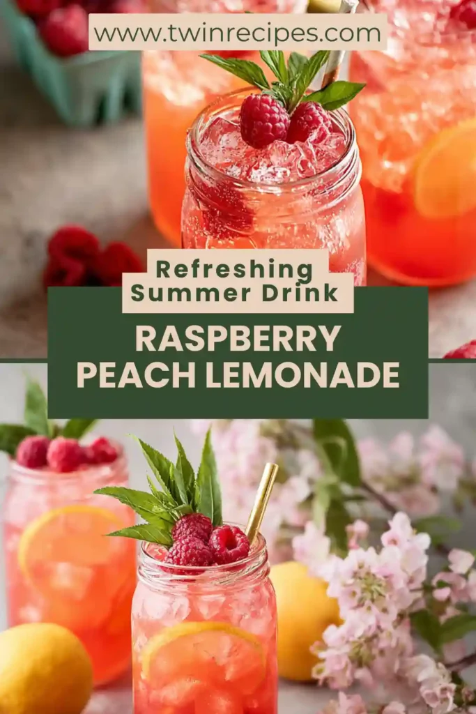 Pitcher of raspberry peach lemonade with lemon slices and mint, served over ice.