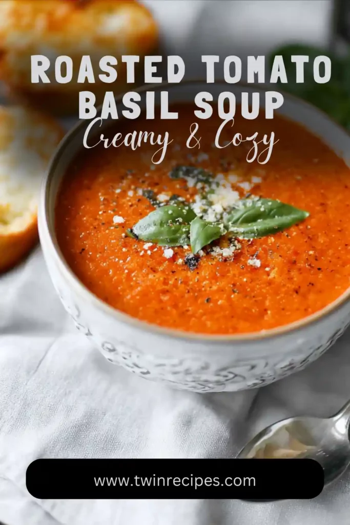 Bowl of roasted tomato basil soup garnished with fresh basil and cream swirl.