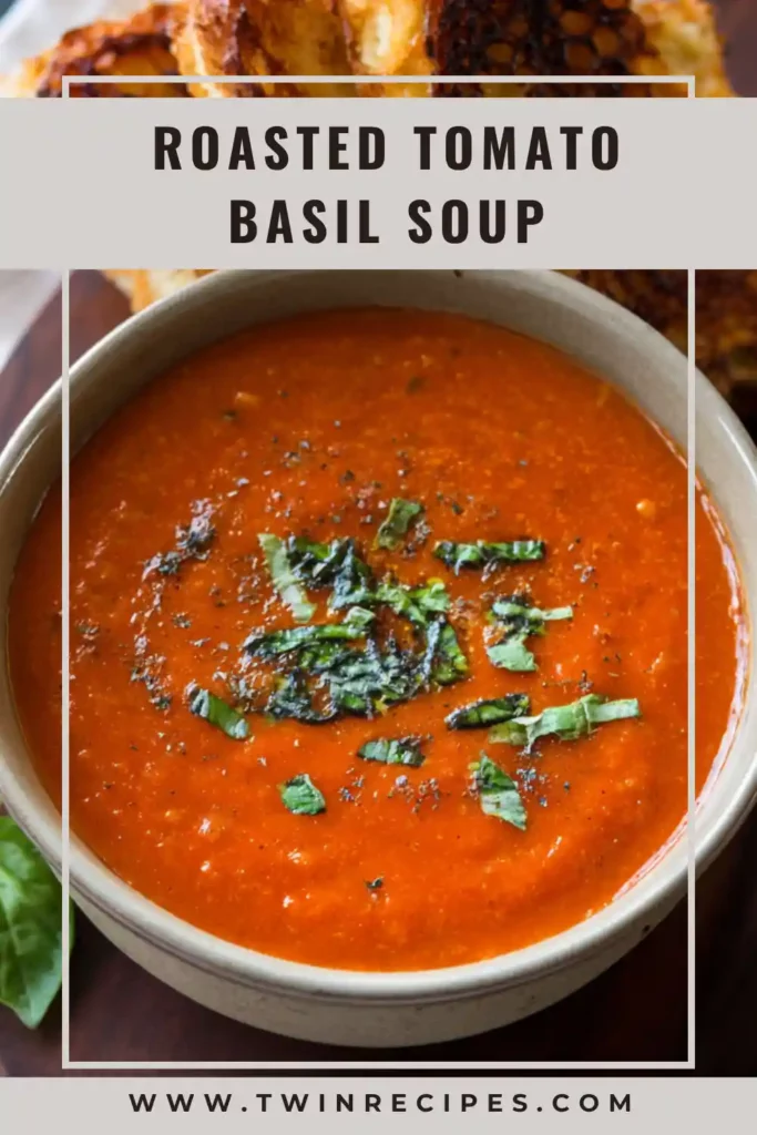 Close-up of creamy tomato basil soup made with roasted tomatoes and garlic.