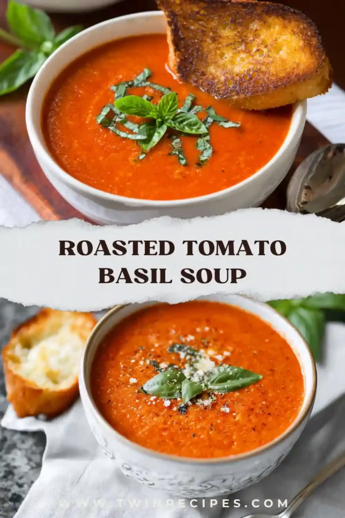 Roasted tomato soup in a white bowl with fresh herbs and grilled bread.