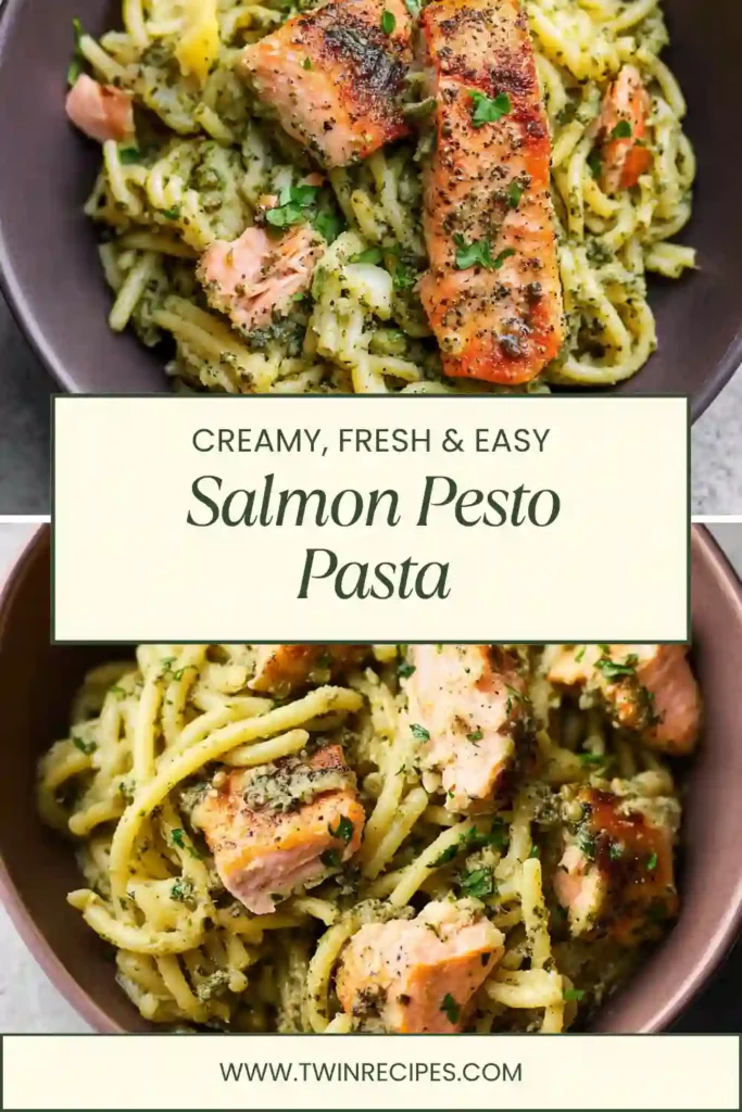 Bowl of pesto pasta with flaked salmon and lemon wedge.