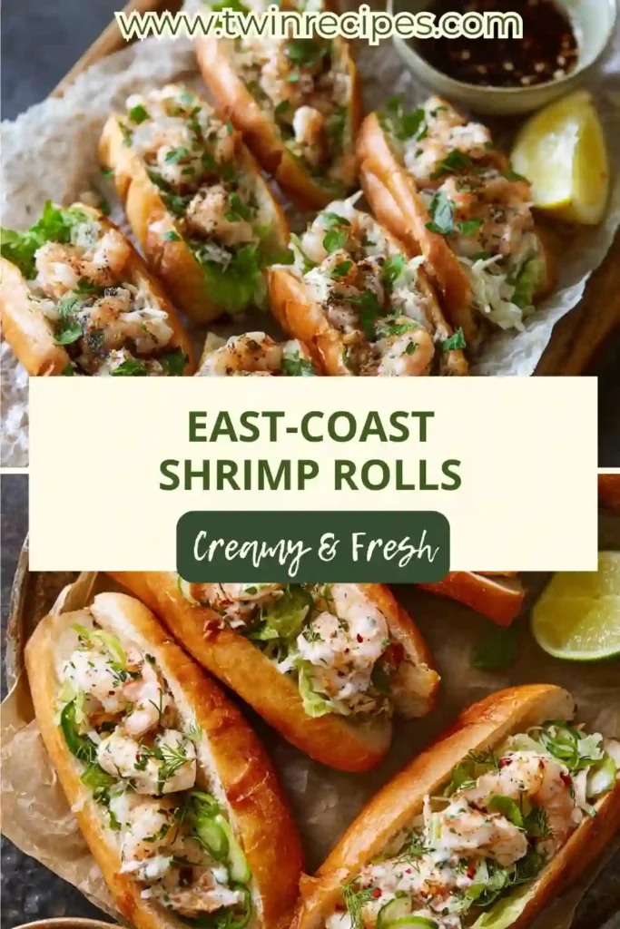 Close-up of shrimp rolls with lemon wedges and herbs.