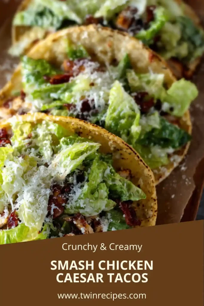 Smashed chicken tacos topped with Caesar salad ingredients.
